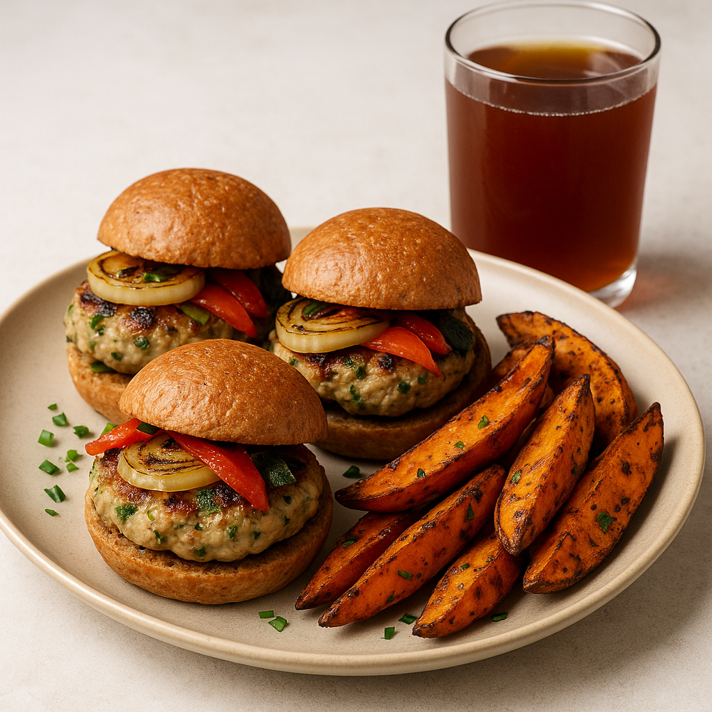 Bajan Turkey Burger Sliders with Spiced Sweet Potato Wedges & Mauby Refresher
