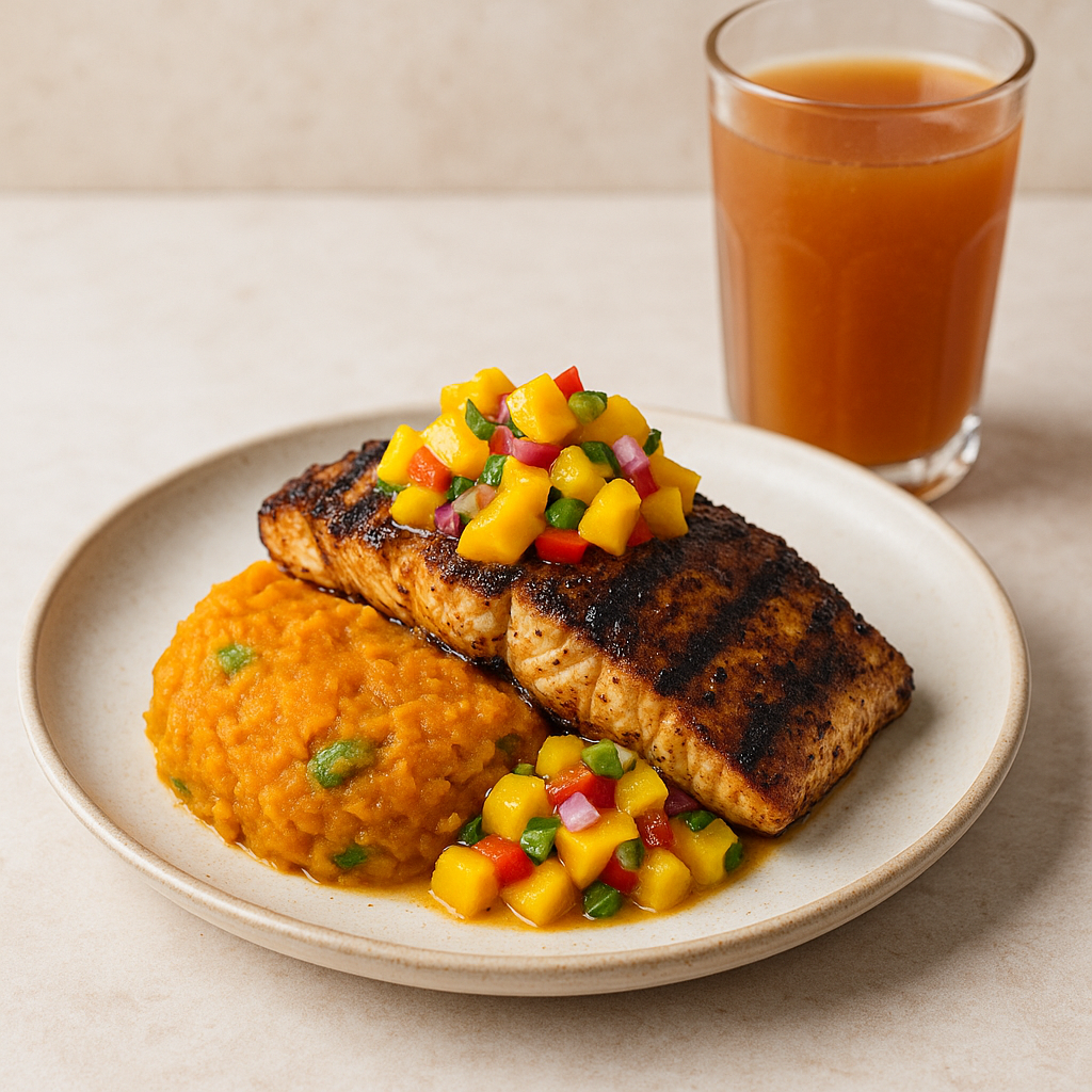 Barbadian Grilled Jerk Fish with Sweet Potato Cou-Cou & Fresh Mango Salsa