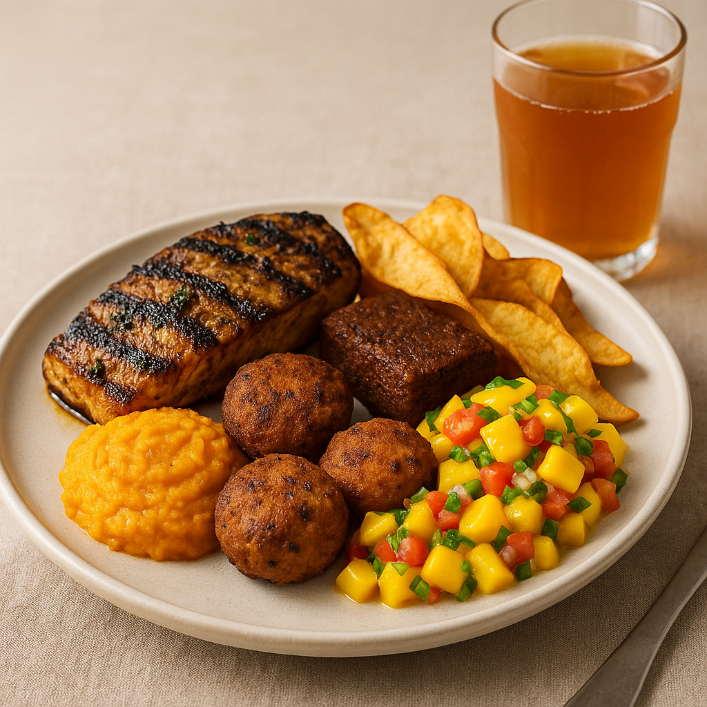 Barbadian Grilled Jerk Fish with Sweet Potato Cou-Cou, Gluten-Free Fish Cakes, Bajan Pudding & Breadfruit Chips with Fresh Mango Salsa