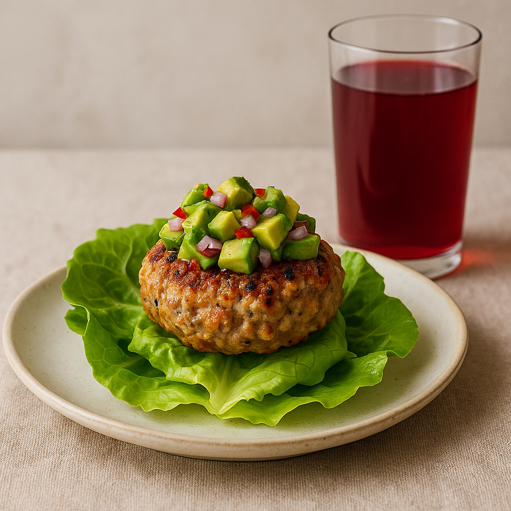 Spicy Turkey-Quinoa Slider with Avocado Salsa & Unsweetened Hibiscus Cooler