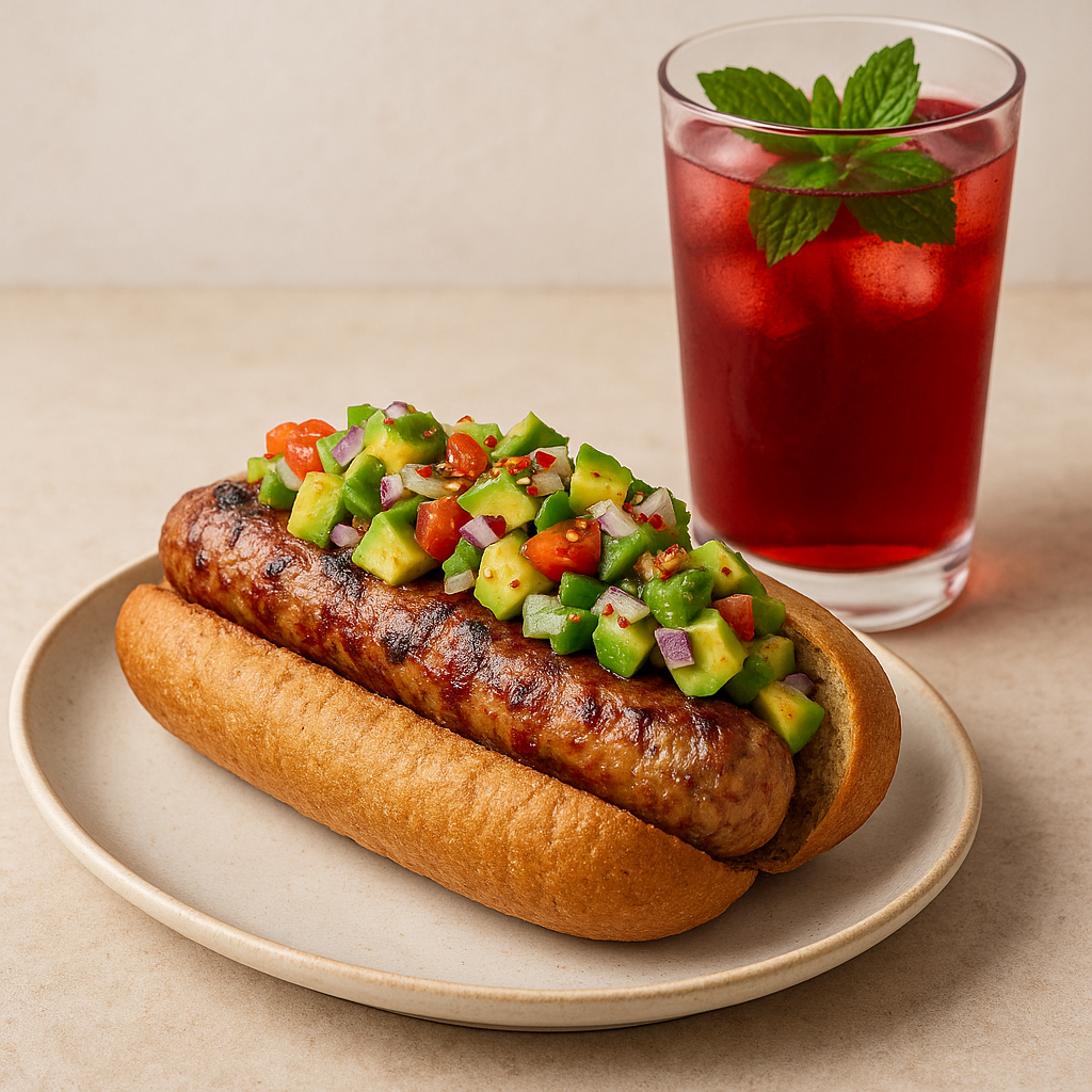 Spicy Turkey-Quinoa Hot Dogs with Avocado Salsa & Hibiscus Cooler