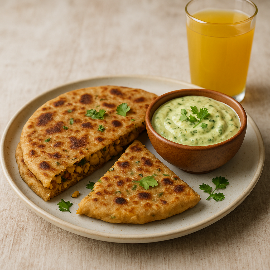 Chickpea and Cashew Stuffed Paratha with Spiced Avocado Raita