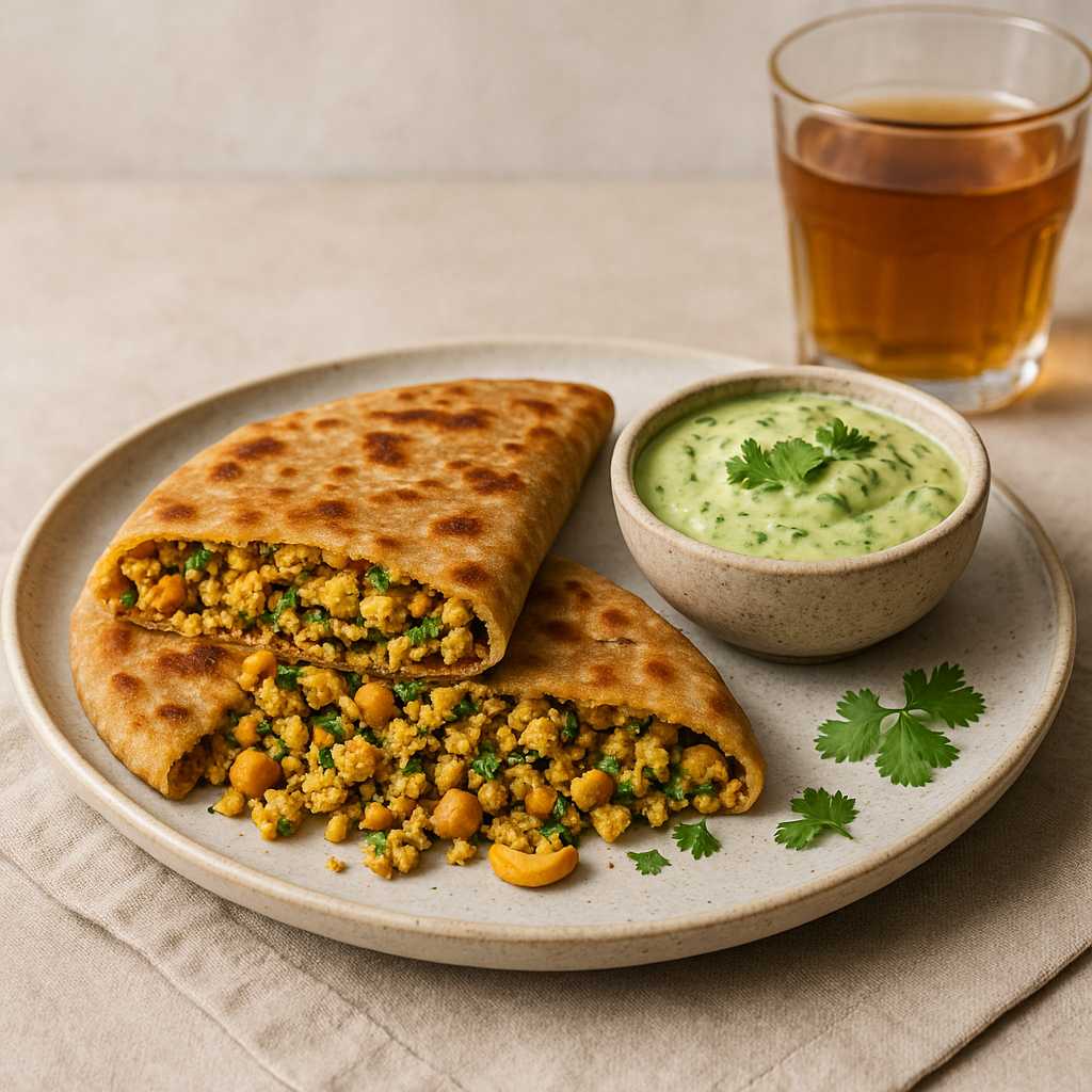 High-Protein Chickpea, Tofu & Cashew Stuffed Paratha with Spiced Avocado Raita