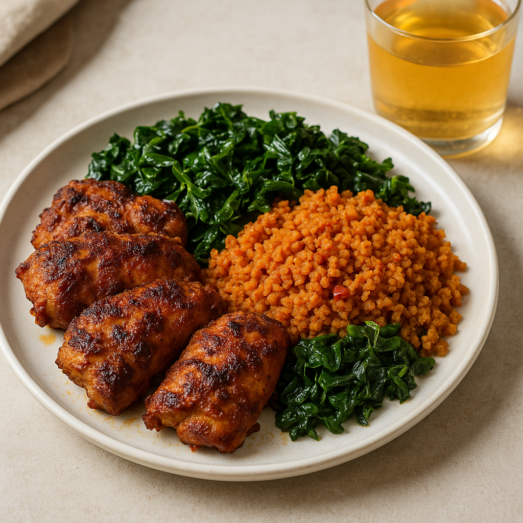 Spicy Grilled Suya Chicken with Fonio Jollof and Sautéed Greens