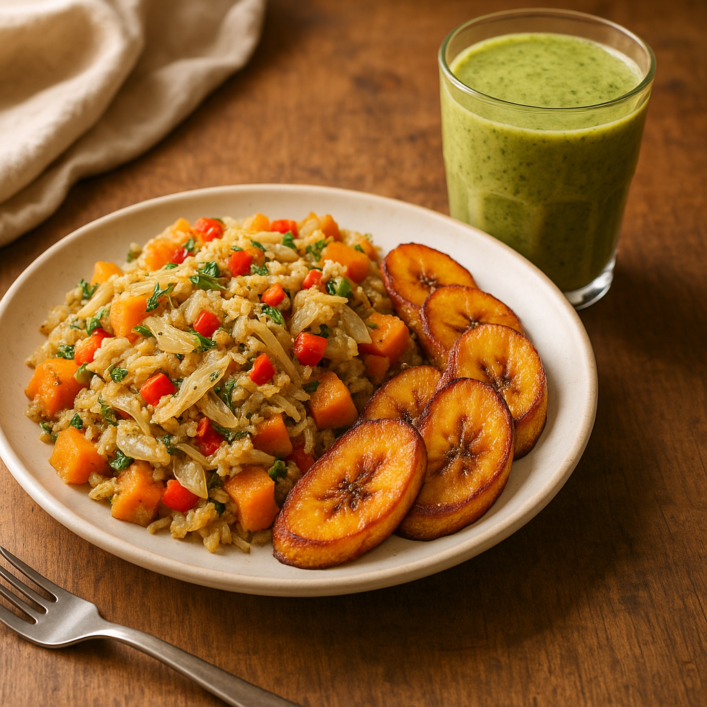 Bajan Saltfish and Sweet Potato Hash with Plantain & Spicy Moringa Smoothie
