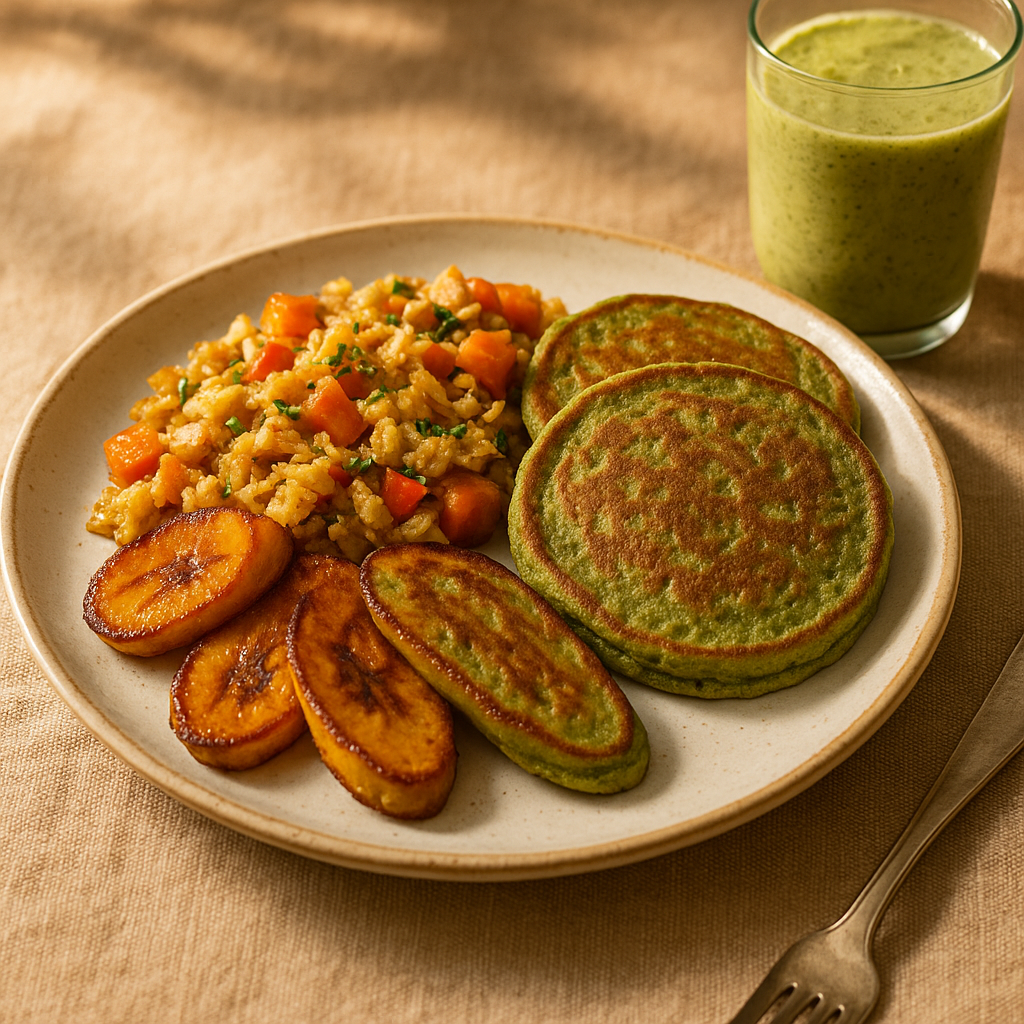 Bajan Protein-Packed Saltfish & Sweet Potato Hash with Plantain and Spicy Moringa Protein Pancakes
