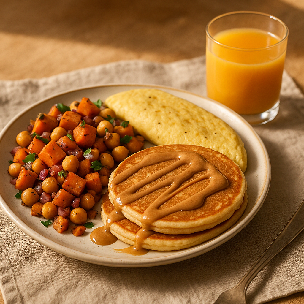 Hearty Sweet Potato & Chickpea Breakfast Platter with Maple Almond Drizzle and Gluten-Free Pancakes