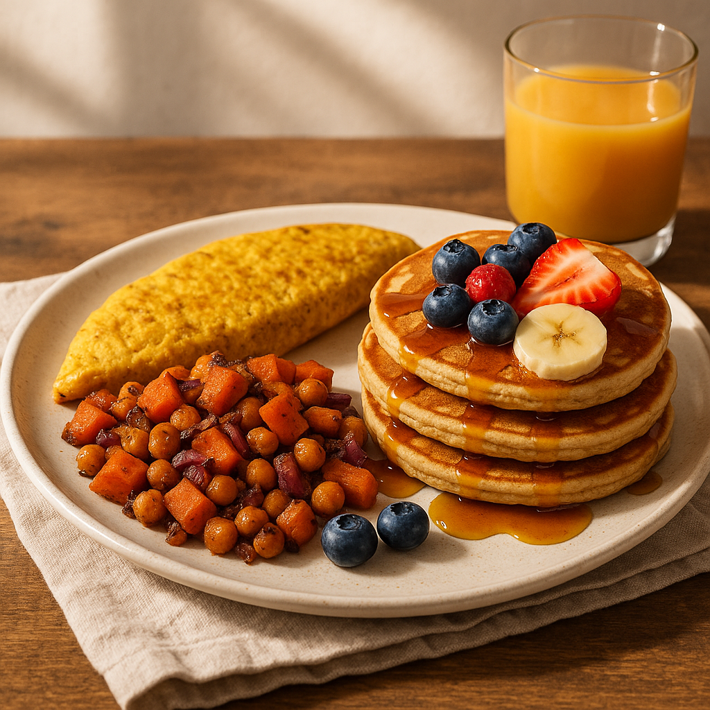 Hearty Sweet Potato & Chickpea Breakfast Platter with Maple Drizzle and Fresh Fruit Gluten-Free Pancakes