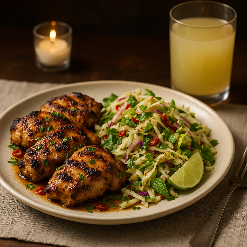 Thai Spicy Grilled Chicken with Larb-Inspired Cabbage Salad