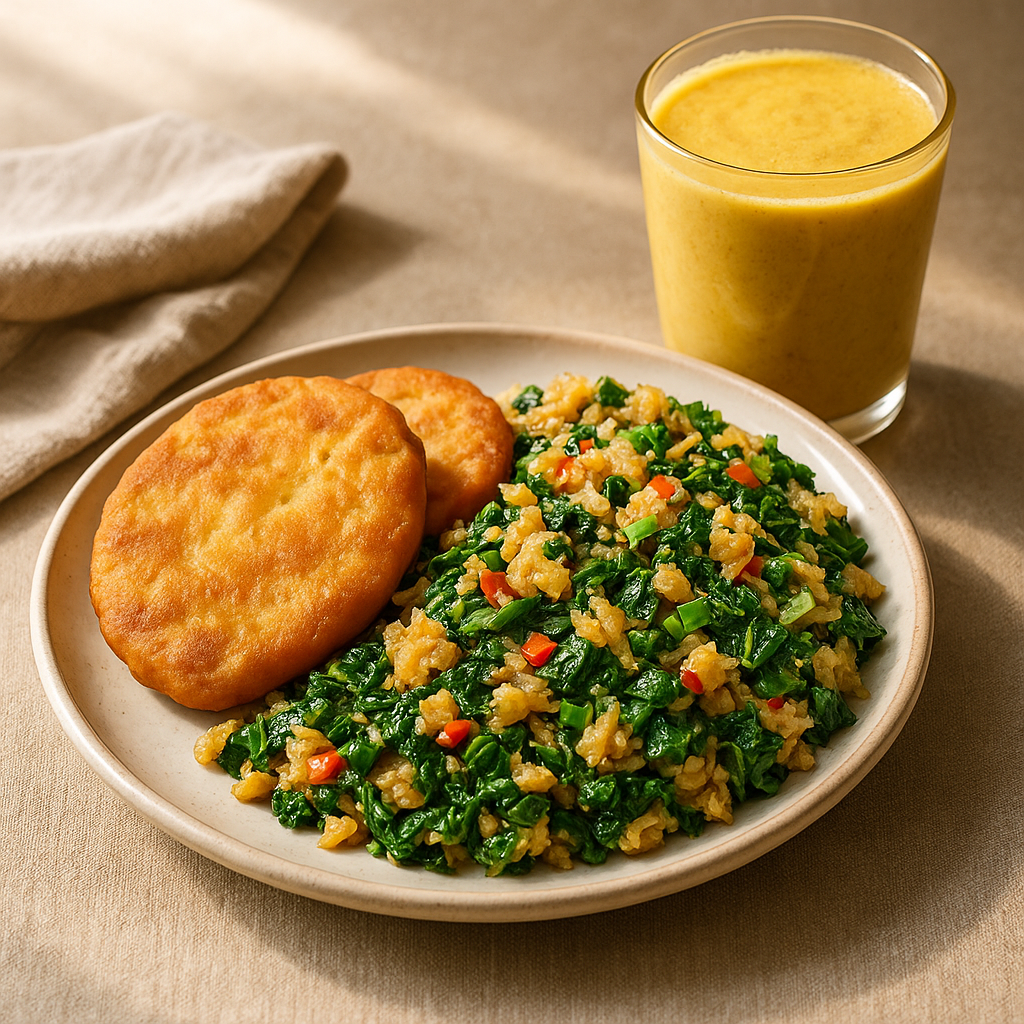 Spicy Trini Saltfish & Callaloo Scramble with Sweet Potato Fry Bake