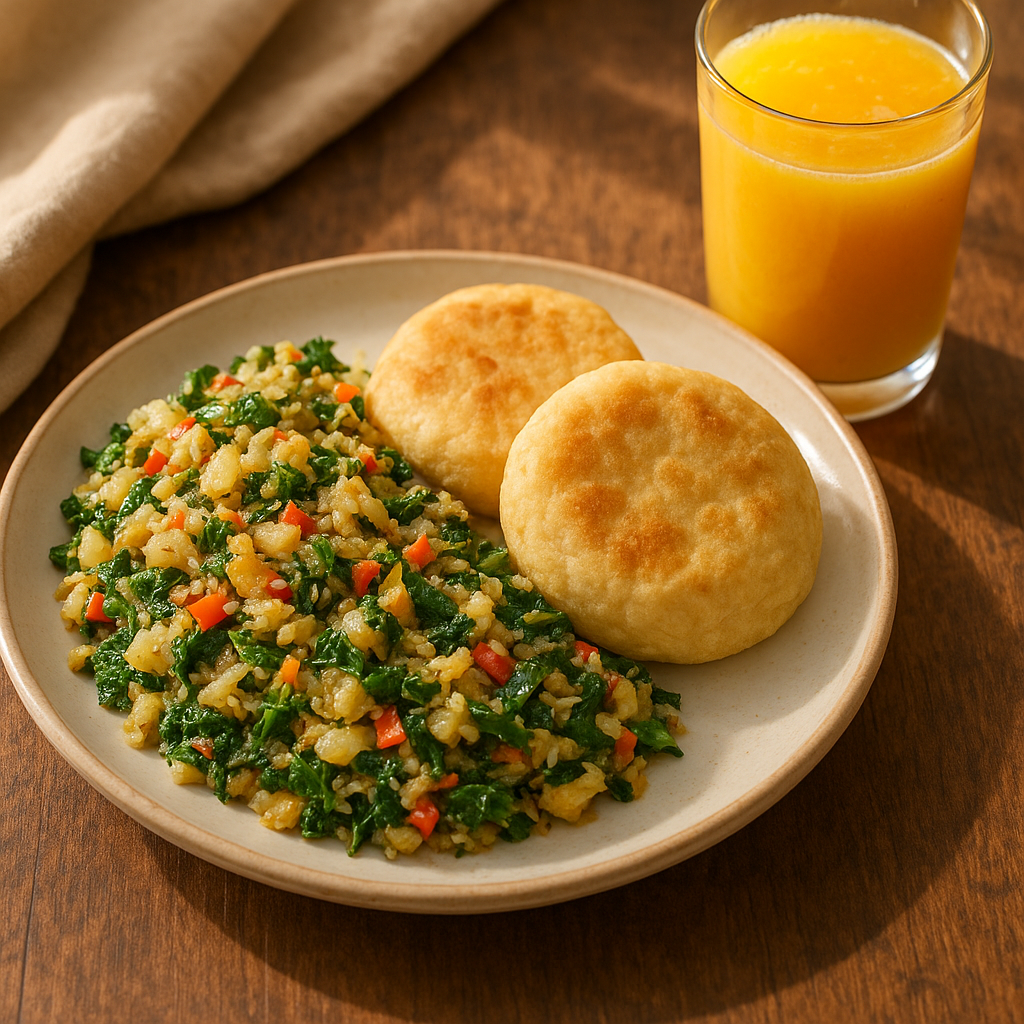 Lean Bajan Herb Saltfish & Callaloo Scramble with Light Coconut Flour Bakes