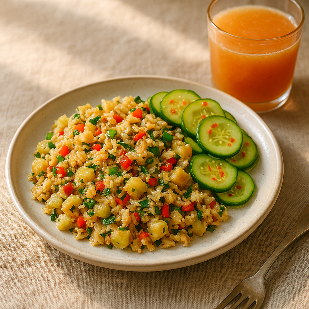 Bajan Salt Fish & Green Banana Hash with Spicy Pickled Cucumber