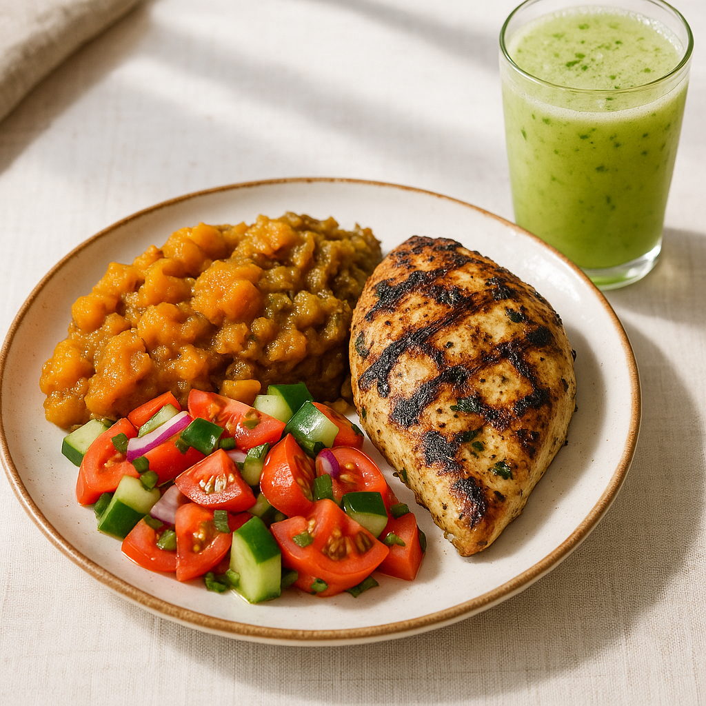 Grilled Chadon Beni Chicken Breast with Pumpkin Talkari & Melongene Choka
