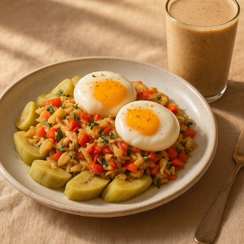 St. Lucian Green Fig & Saltfish Breakfast Bowl with Plantain Protein Smoothie