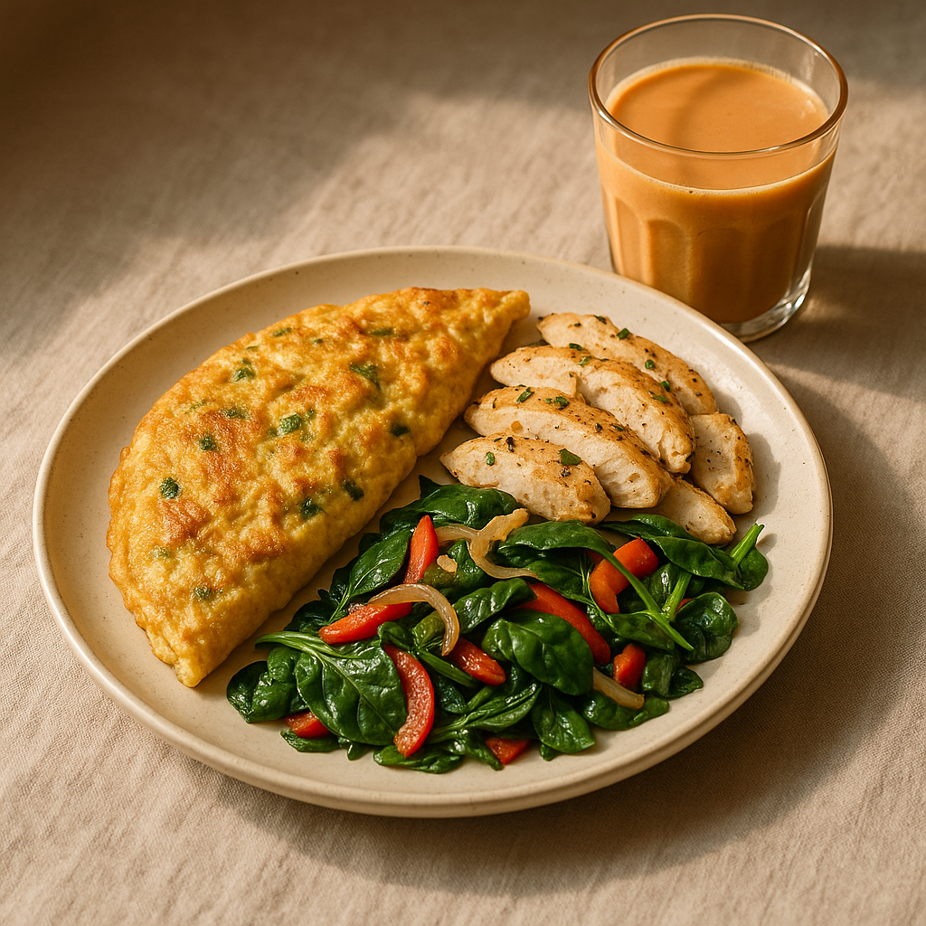 Thai Omelette with Herbal Chicken and Sautéed Vegetables