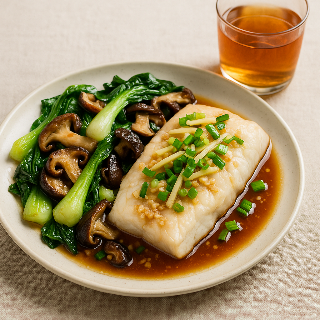 Ginger Garlic Steamed Fish with Stir-Fried Bok Choy & Shiitake Mushrooms