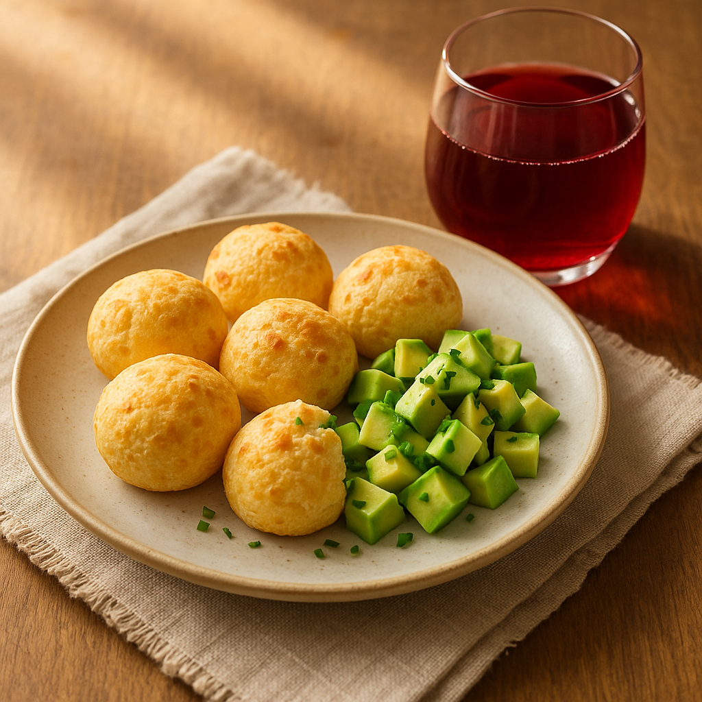 Pão de Queijo com Abacate Picado & Chá de Hibisco