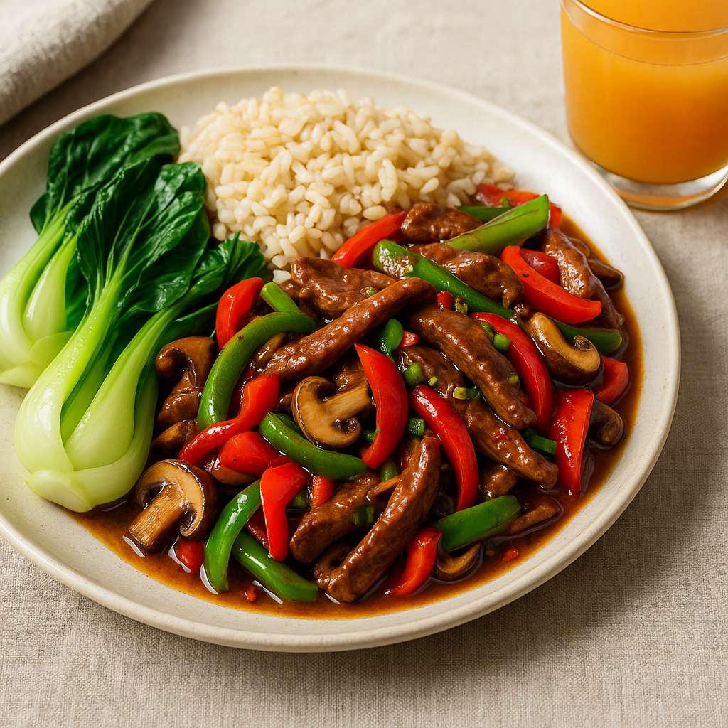 Spicy Szechuan Pepper Beef Stir-Fry with Steamed Bok Choy & Brown Rice