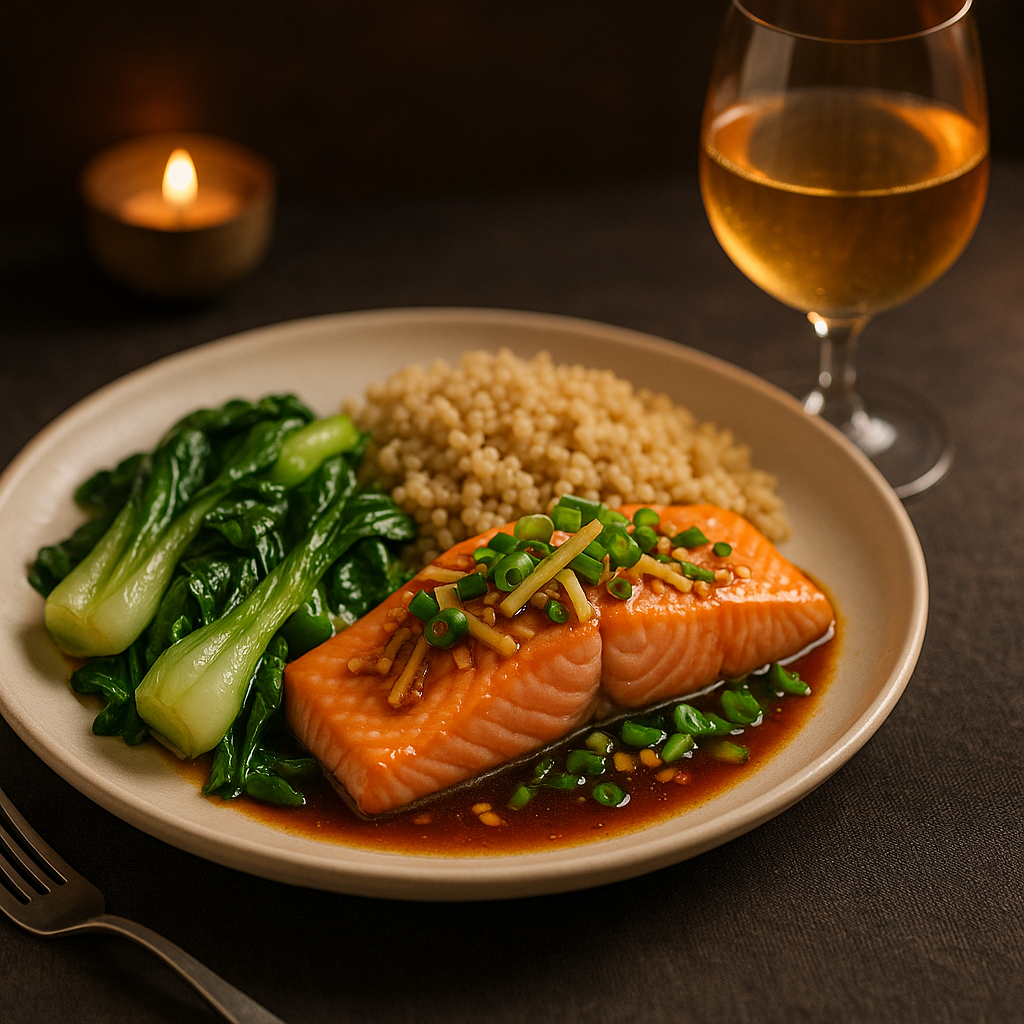 Steamed Ginger Soy Salmon with Stir-Fried Bok Choy & Quinoa