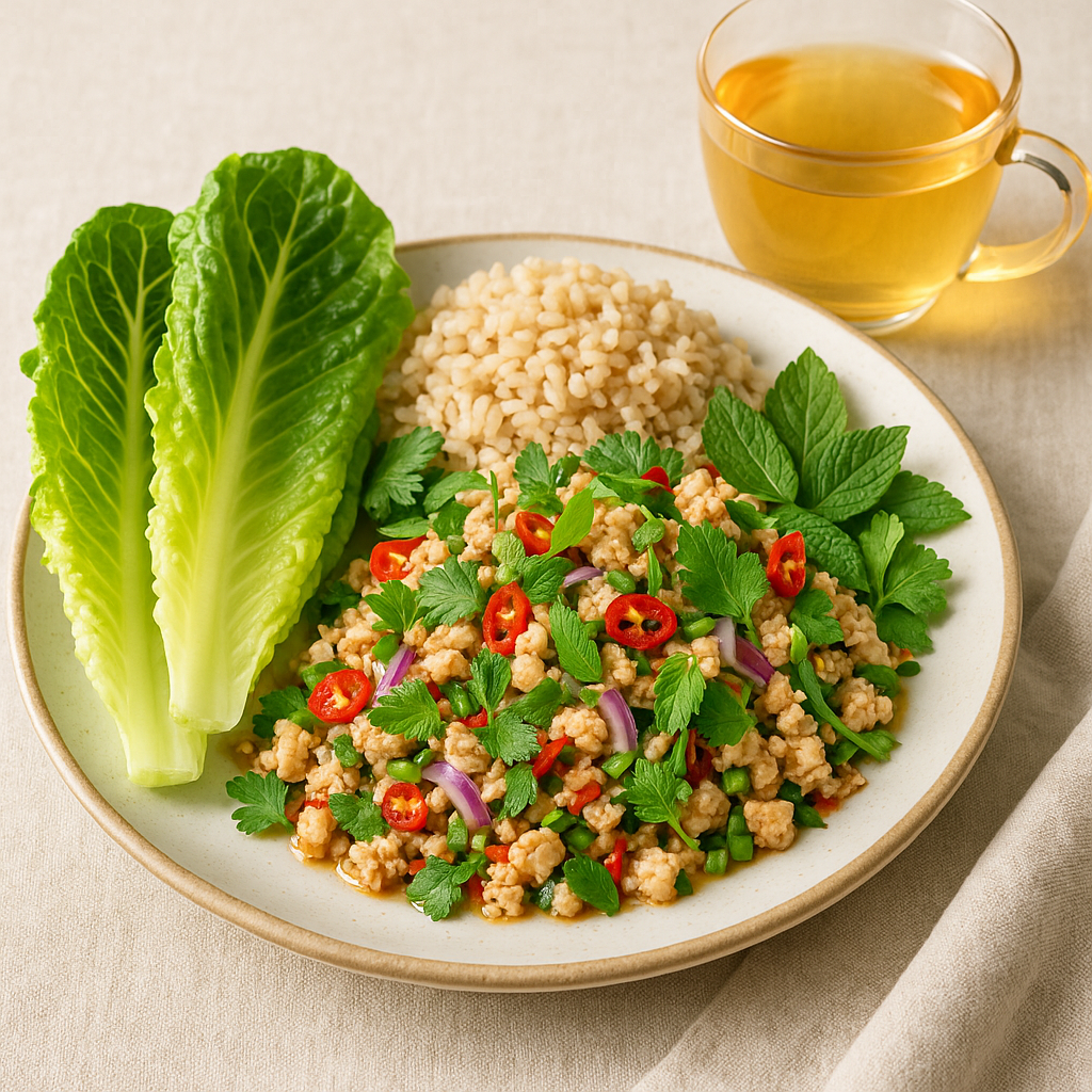 Thai Larb Gai with Brown Rice Lettuce Wraps & Lemongrass Ginger Tea