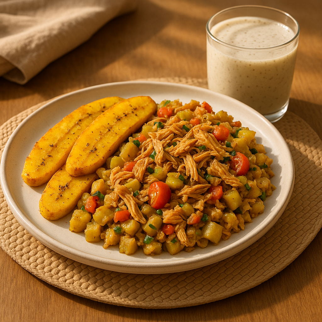 Bajan Chicken Thigh & Green Banana Hash with Turmeric Plantain Bake