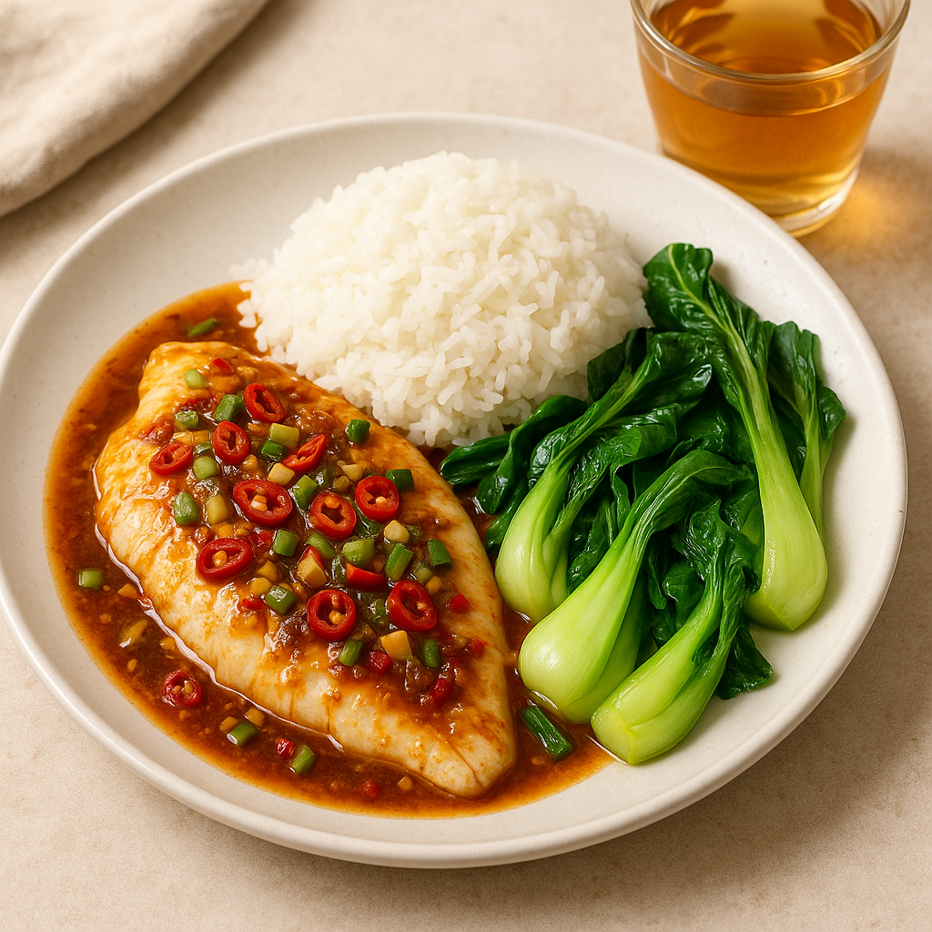 Spicy Sichuan Style Steamed Fish with Stir-Fried Bok Choy & Jasmine Rice