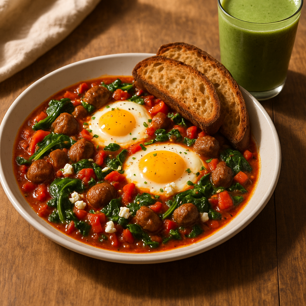 Mediterranean Spicy Shakshuka with Spinach & Lamb Sausage