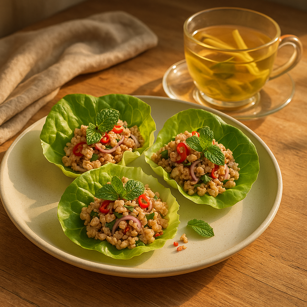 Thai Larb Gai (Spicy Chicken Lettuce Wraps) with Herbal Jasmine Green Tea