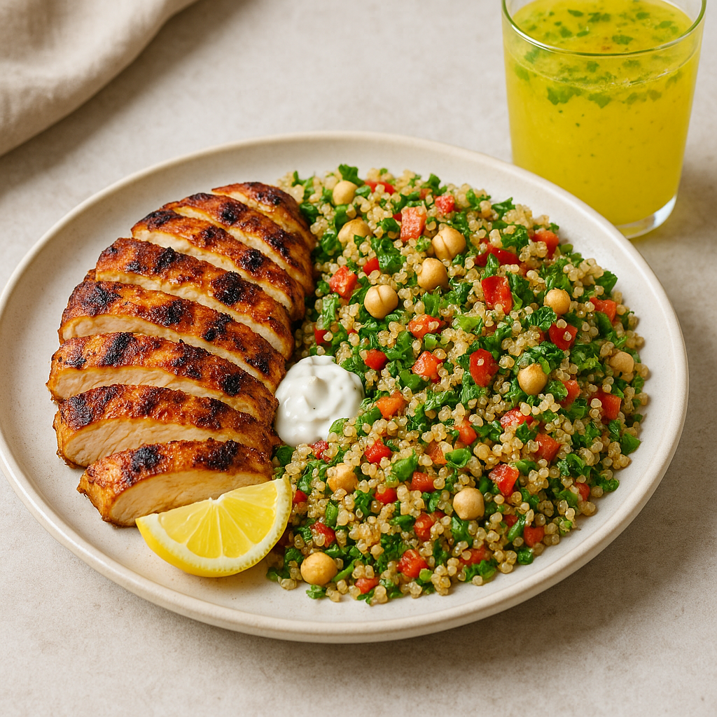 High-Protein Grilled Chicken Shawarma Plate with Spiced Quinoa & Chickpea Tabbouleh
