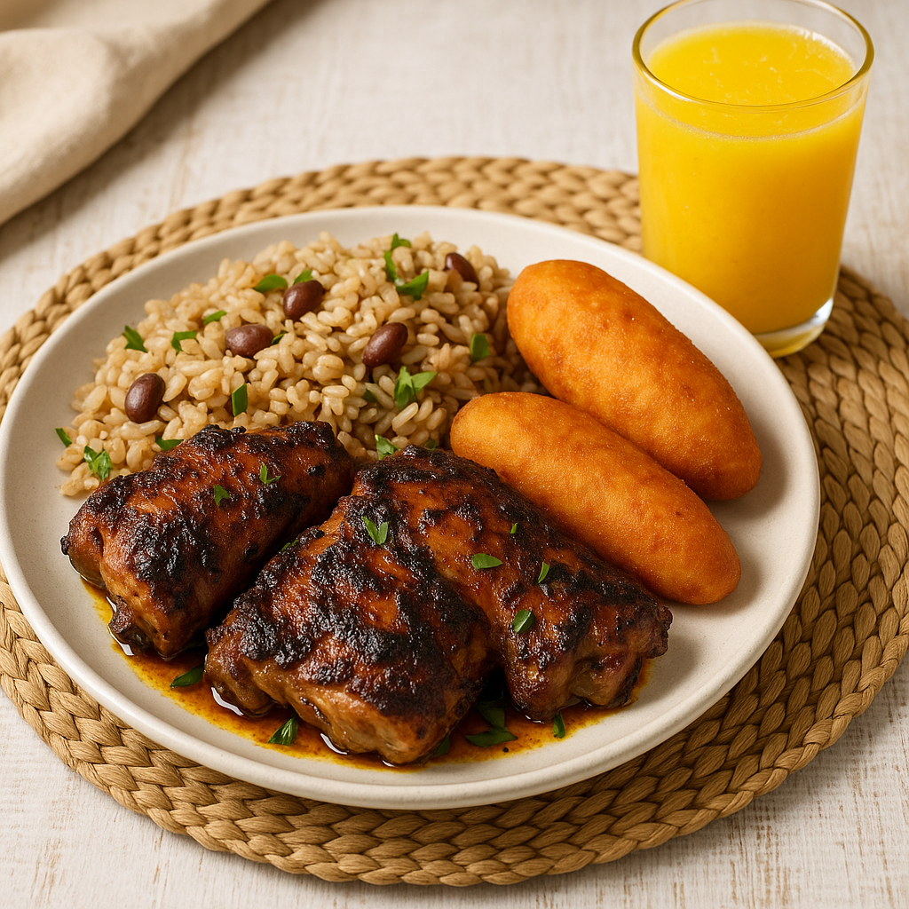 Jerk Chicken with Sweet Potato Festival, Rice & Peas, and Mango-Ginger Cooler