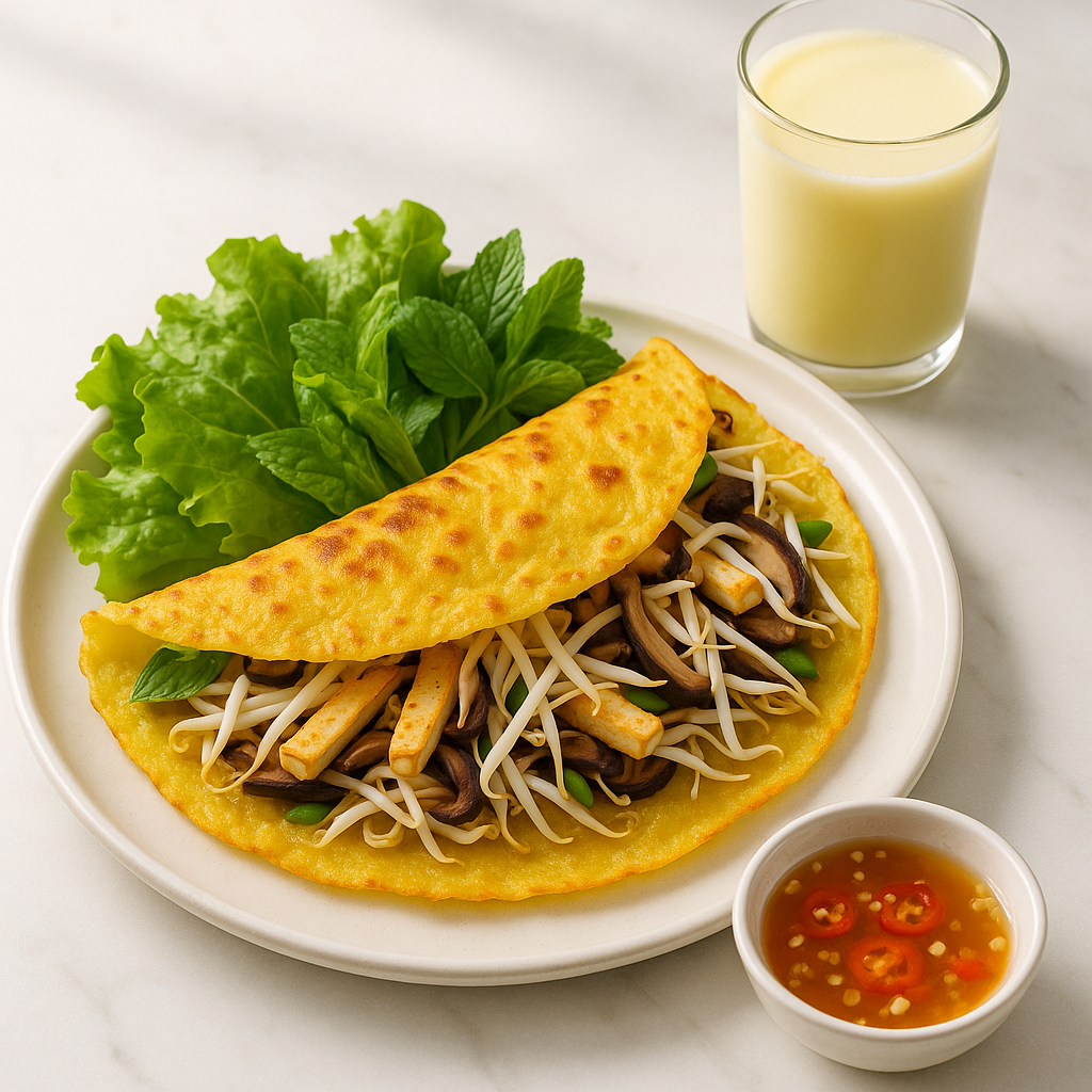 Vegetarian Bánh Xèo with Nuoc Cham Chay and Ginger-Lime Soymilk
