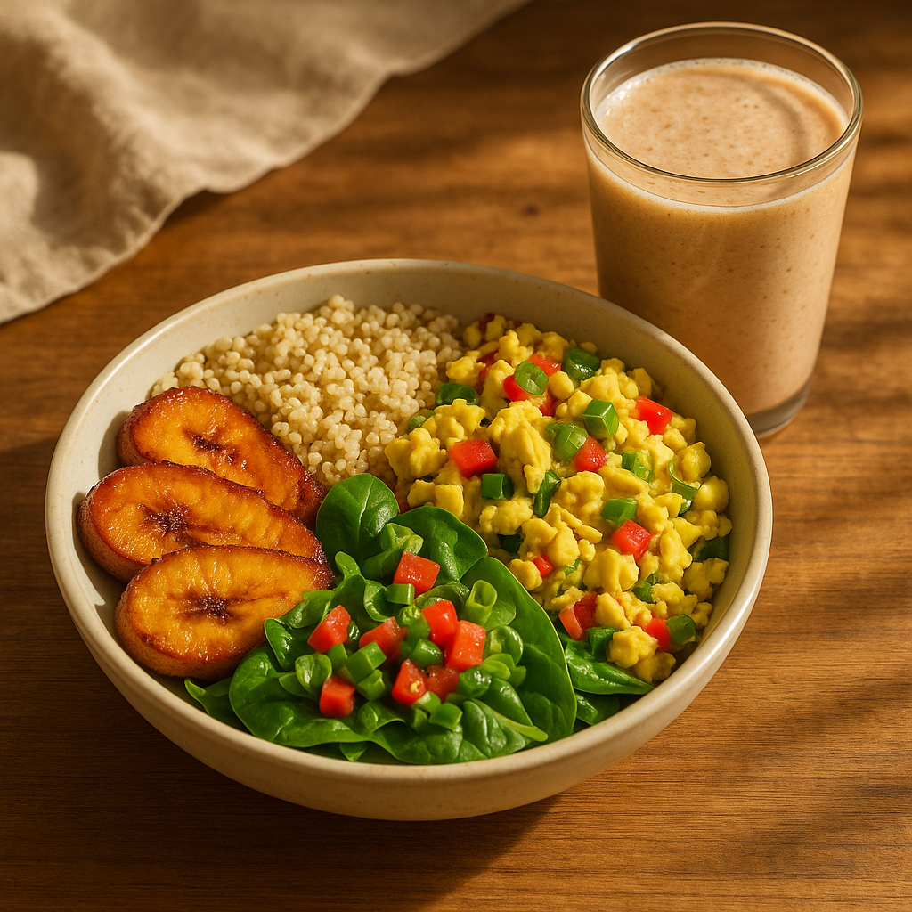 Island Plantain & Ackee Power Bowl with Coconut-Cinnamon Oats Smoothie