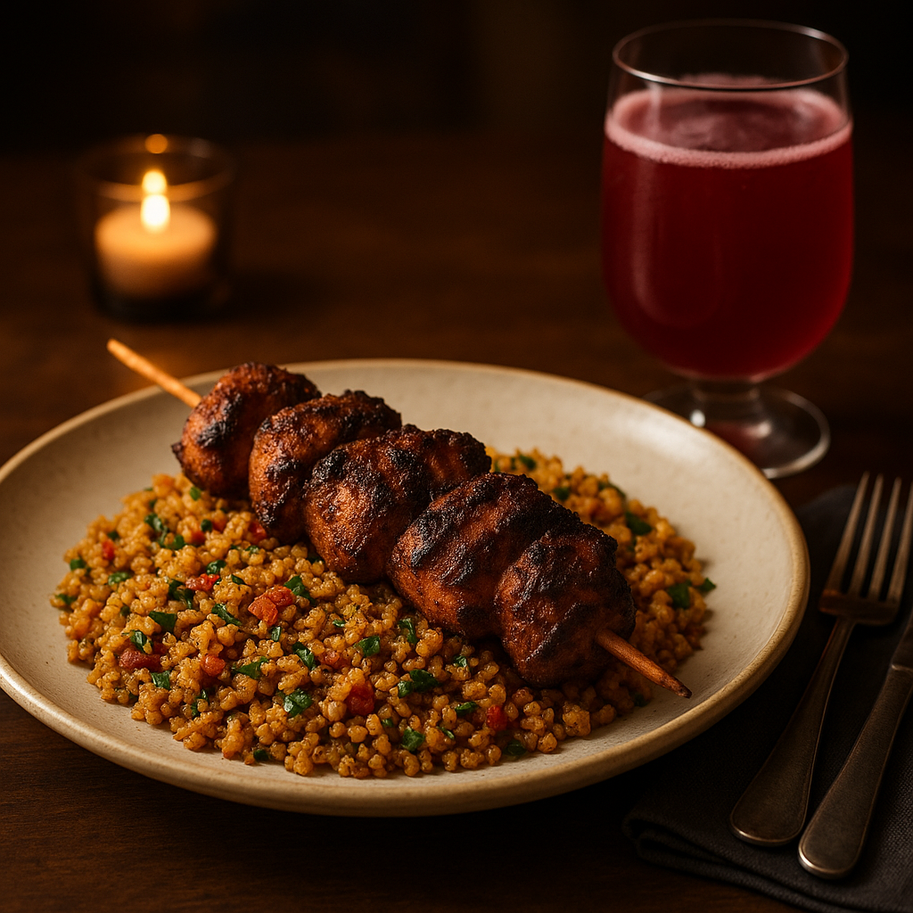 Grilled West African Suya Chicken with Spiced Quinoa Pilaf and Ginger-Pineapple Zobo (Hibiscus Drink)