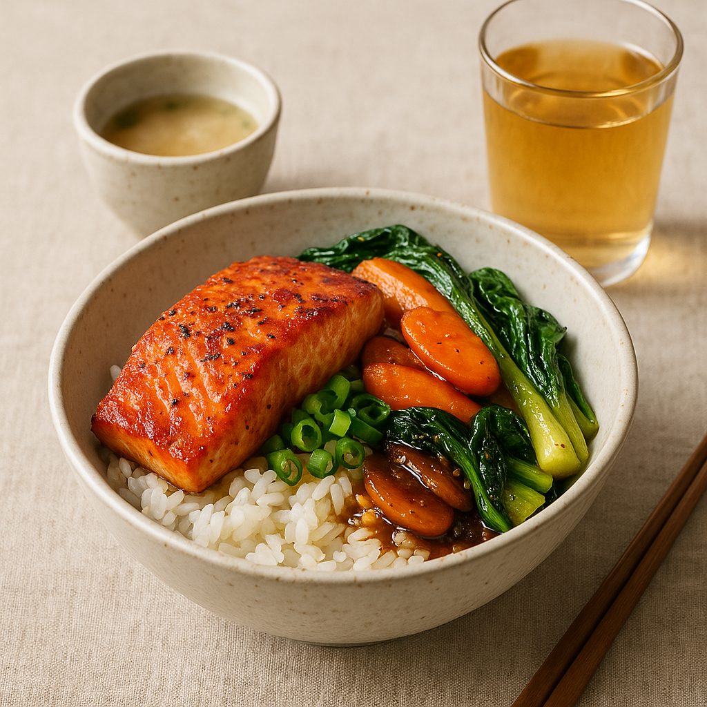 Spicy Salmon Donburi with Sweet-Soy Glazed Vegetables