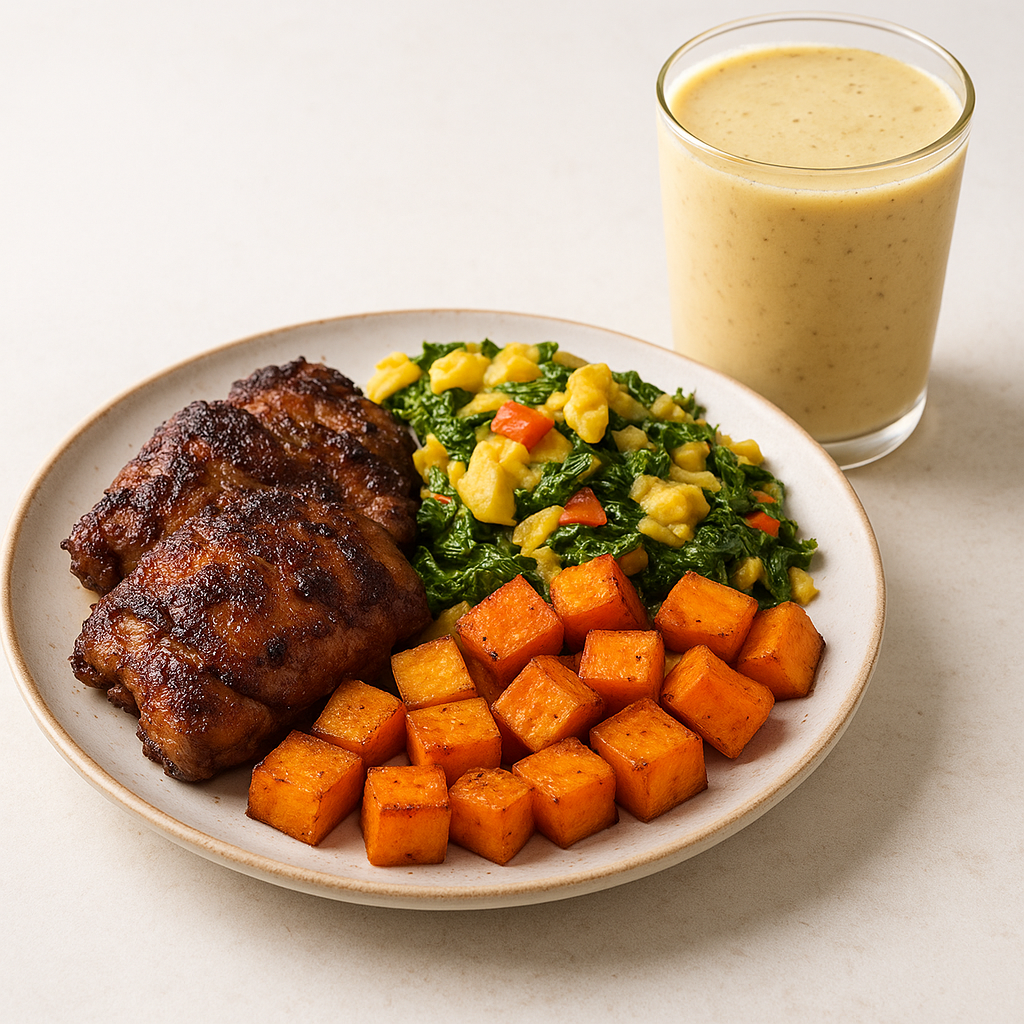 Jamaican Jerk Chicken & Ackee Power Plate with Plantain Protein Smoothie
