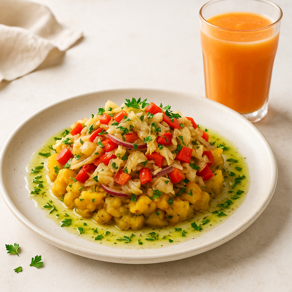 Bajan Saltfish and Green Banana Hash with Papaya Lime Refresher