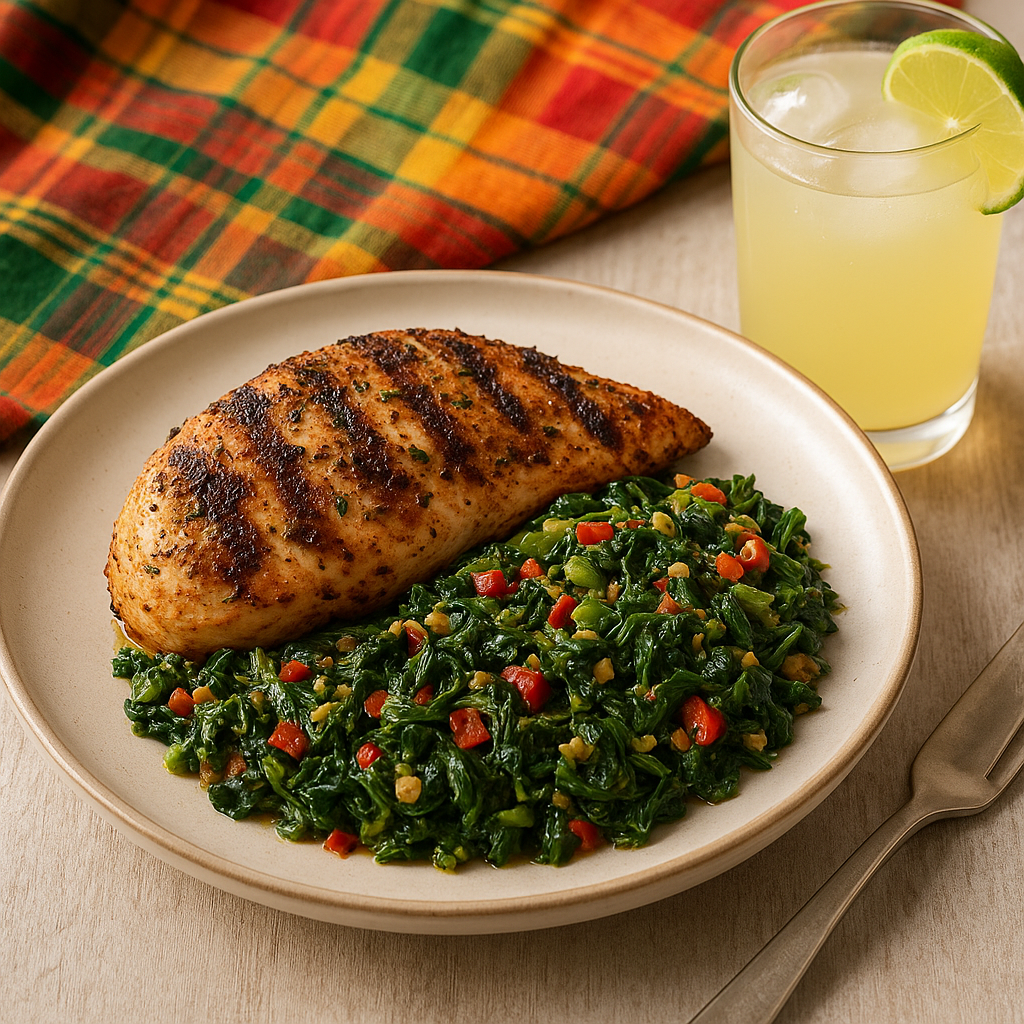 Jamaican-Spiced Jerk Chicken with Callaloo Stir-Fry