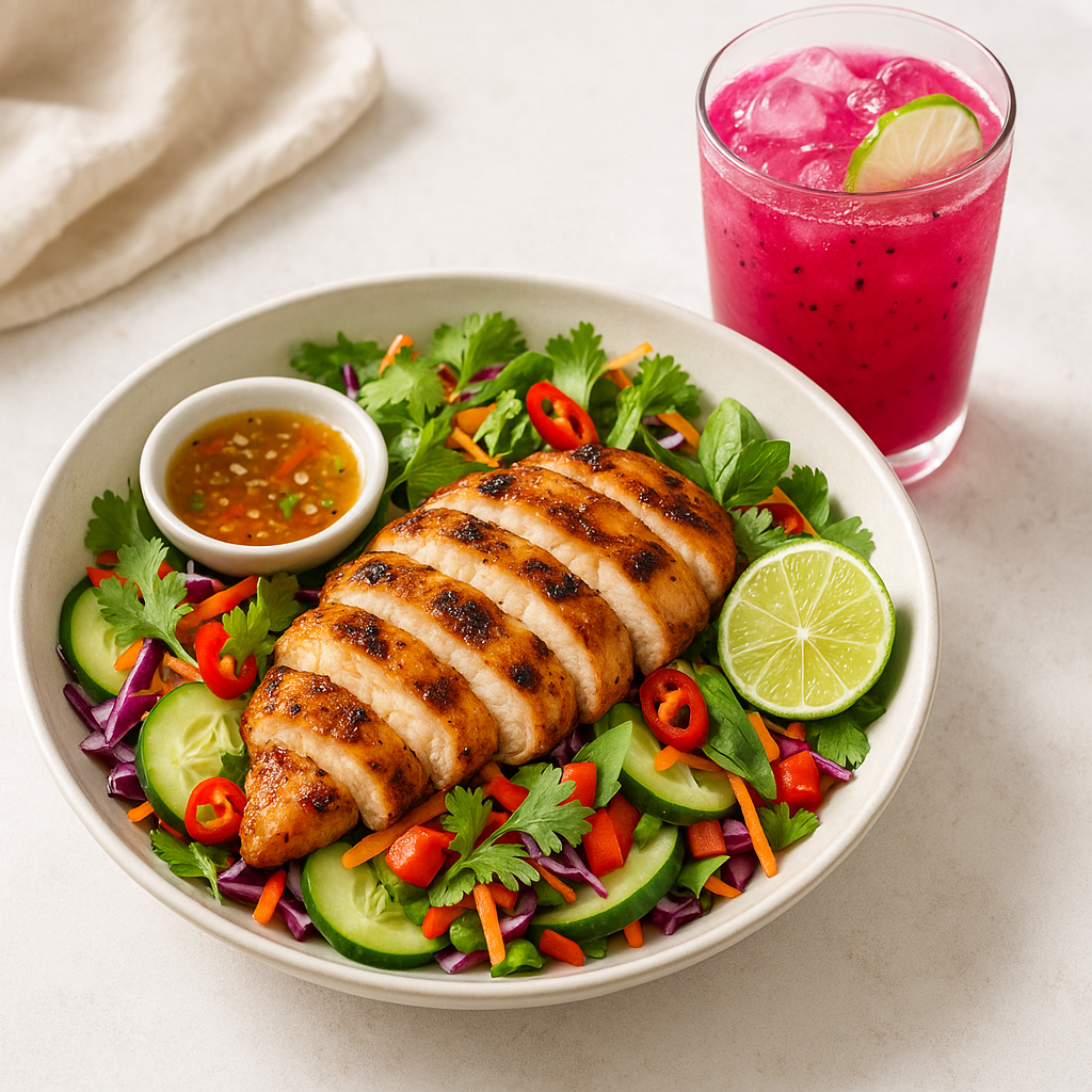 Vietnamese Lemongrass Chicken Salad with Nuoc Cham & Dragon Fruit Lime Fizz