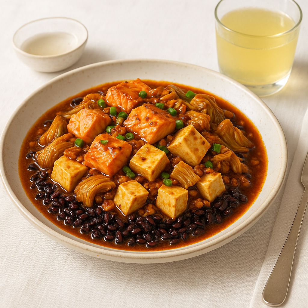 High-Protein Salmon & Tofu Mapo with Lion’s Mane Mushrooms and Black Rice